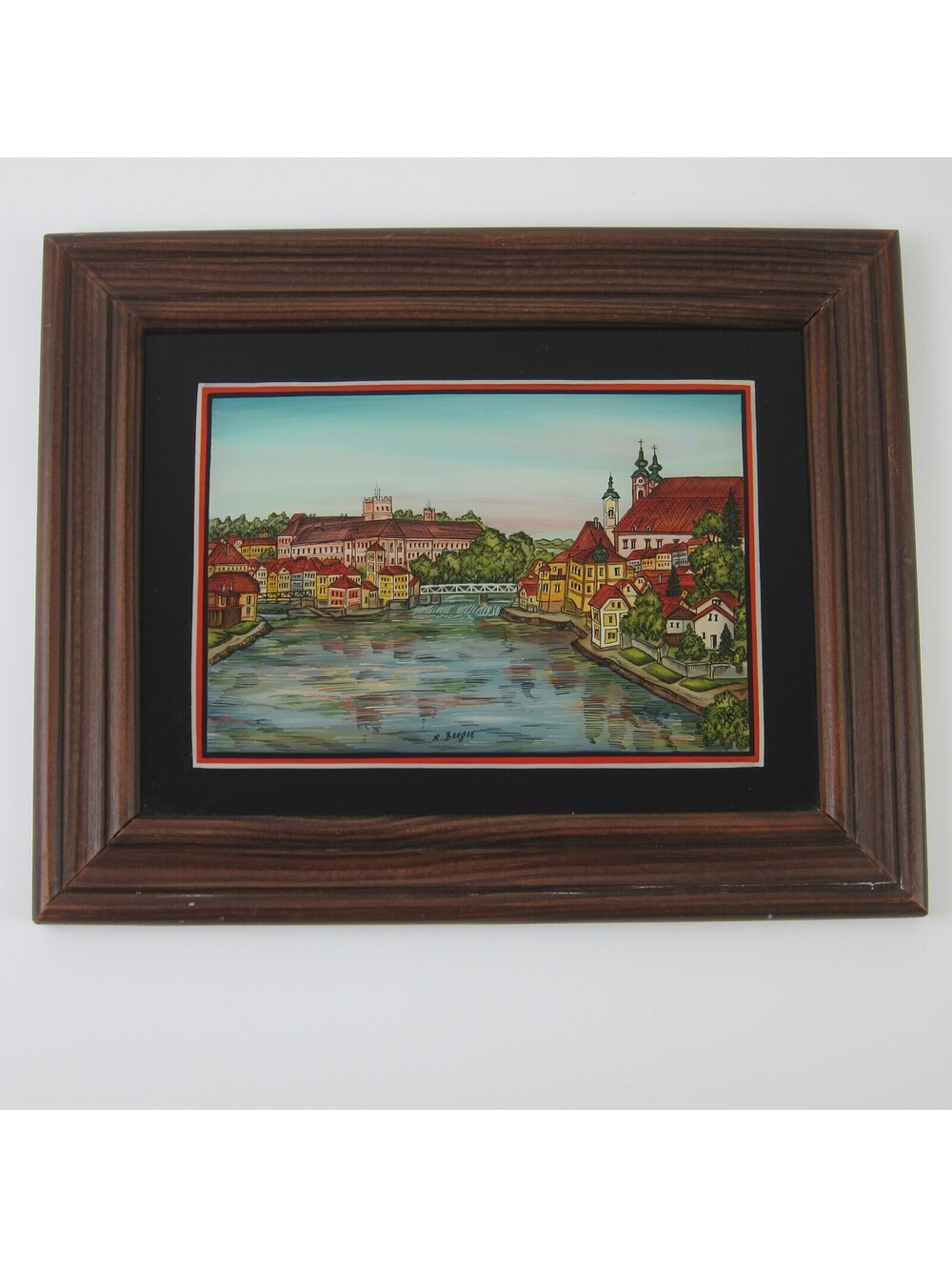 Vintage Reverse Painting on Glass Upper Austria Cityscape Roswitha Berger RARE